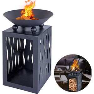 Cheqo® Luxe Vuurschaal met Houtopslag - Vuurkorf - Terrashaard - Terrasverwarmer - Sfeerhaard - Gietijzer - Voor Hout of Houtskool - 68cm Hoog - Ø 45 cm