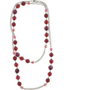 Behave Ketting - lange ketting - zilver kleur - rood - roze - kralen - 110cm