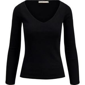 Zusss Basic Rib V Hals Top Met Stretch Zwart