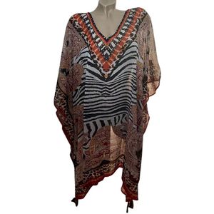 Kaftan/tuniek half transparant met steentjes 16/S One size 95/92cm 38-50 bruin