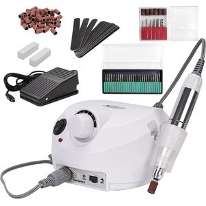 Elektrische Nagelvijl Set - Nagelfrees - Elektrische Manicure en Pedicure set - 30000 RPM PRO Desktop - 6x standaard schuurkappen - Links- en rechts draaiend - Wit - voor Manicure & Pedicure - Pedicureset