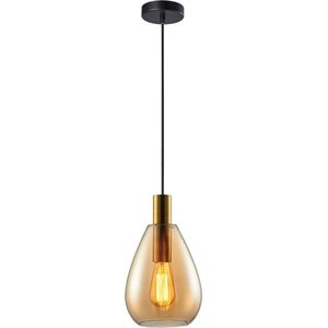 Moderne Hanglamp Dorato | 1 lichts | goud / zwart | glas amber / metaal | Ø 18,5 cm | in hoogte verstelbaar tot 150 cm | eetkamer / slaapkamer / woonkamer / hal / overloop / toilet | modern / sfeervol design