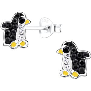 Joy|S - Zilveren pinguin oorbellen - 7 x 8 mm - zwart wit geel met kristalletjes - kinderoorbellen