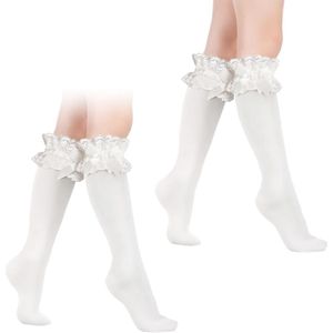 Knee High Socks 2 Pairs Bowknot Knee High Socks White Frill Socks for Women Girls Knee High White Dancing Cosplay Socks White One Size White