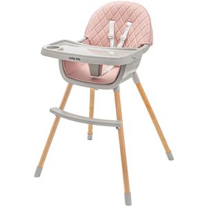 Baby Mix - Kinderstoel - Houten Eetstoel - Roze Gewatteerde Zitting - Met Afneembaar Dienblad en Bekerhouder - Scandinavisch Design - Veiligheidsriem - Comfortabel - Voor Eetkamer - Peuters