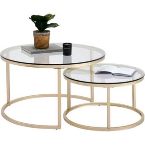 Manzibo Moderne Salontafel - Set van 2 - Koffietafel - Bijzettafel - 2 Stuks - Rond - Salontafels - Glas - Goud - 80 en 60 CM