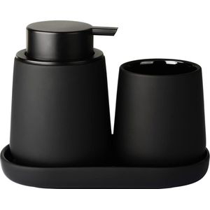 Zwarte badkamerset Umlaca badkameraccessoires, 3-delige accessoires inclusief 350 ml zeepdispenser, 320 ml tandenborstelbeker en zeepbakje, geschikt voor badkamer, wastafel, schuimzeepdispenser