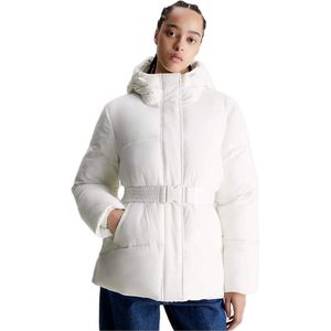 Ck Jeans - Logo Riem Kort Puf Jas - Streetwear - Kleur: Wit Ivoor - Materiaal: Fleece