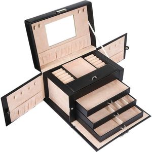 Sieradendoos met slotspiegel en 3 afneembare laden - Grote ruimte voor sieraden - 26 x 19 x 18 cm - Meisjes en dames - Zwart