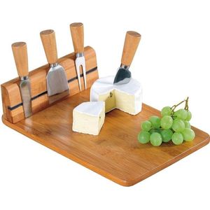 FSC® Houten Bamboe Kaasplank + 4 messen | Magnetische eenvoudig je messen ophangen aan deze kaasplank | 5-delige kaasplank set |Kaas Plank |  Afm 30 x 20 x 8 Cm.