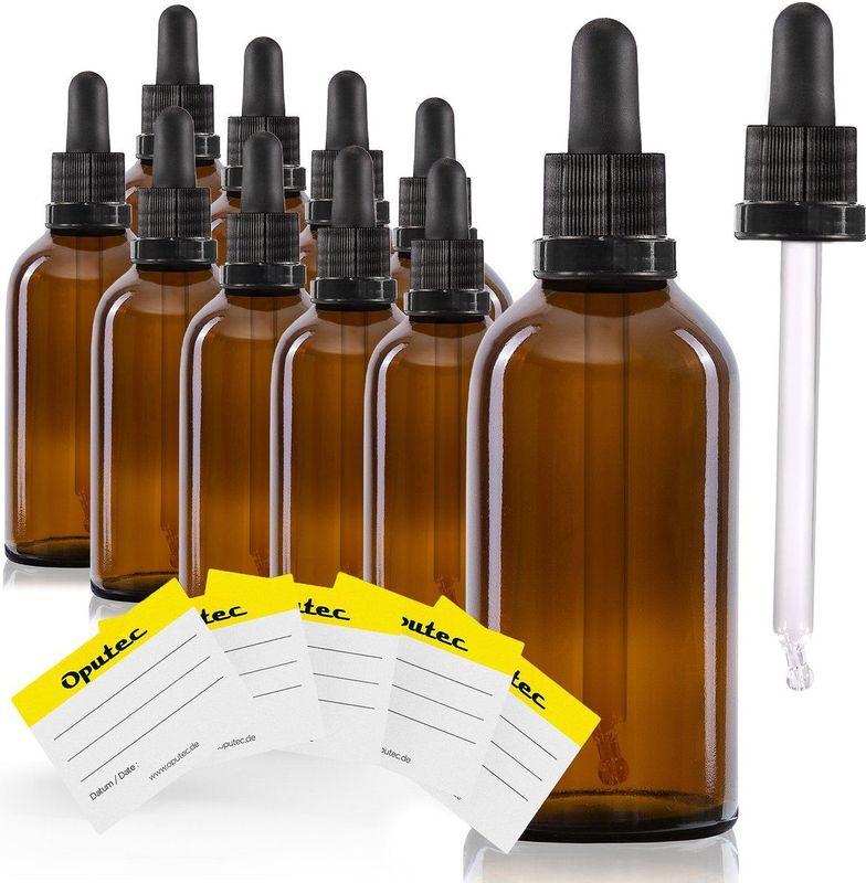 Oputec - Bruine Glazen Pipetfles - 10 x 100 ml - Doseerfles met Glazen Pipet en Etiketten
