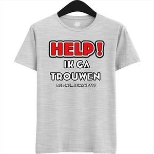 Help! Ik Ga Trouwen | Vrijgezellenfeest Cadeau Man - Groom To Be Bachelor Party - Grappig Bruiloft En Bruidegom Bier Shirt - T-Shirt - Unisex - Ash Grey - Maat M