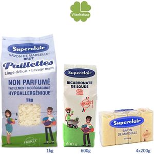 Bio huishoudschoonmaakmiddelen eco pakket. Biologisch ecologisch. Marseille zeepvlokken, Natrium bicarbonaat poeder en Glycerine zepen.