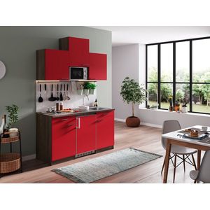 Goedkope keuken 150  cm - complete kleine keuken met apparatuur Oliver - Donker eiken/Rood - elektrische kookplaat  - koelkast  - magnetron - mini keuken - compacte keuken - keukenblok met apparatuur