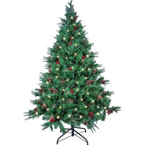 Uten Luxe Uitvoering Kunstkerstboom - Met 200 LED Verlichting - 60 Dennenappels En 60 Rode Besjes - 900takken - 210cm Hoog - Groen
