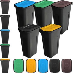 KADAX Vuilnisemmerset voor afvalscheiding, 5 x 30 liter, afvalemmerset voor afvalscheidingssysteem, afvalsorteerder, afvalcontainer van kunststof met klapdeksel (5 stuks, alle dekselkleuren)