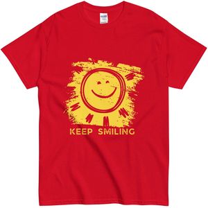 Keep Smiling T Shirt - Dames en Heren - Positief Tshirt met Zon Smiley - Rood - S