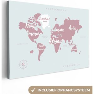 Canvas Wereldkaart - 30x20 - Wanddecoratie Wereldkaart - Roze - Letters
