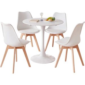 KTN® - Eetkamerset - Ronde Eettafel met 4 Eetkamerstoelen - Eethoek - Rugleuning - Houten poten - Kunststof - Wit