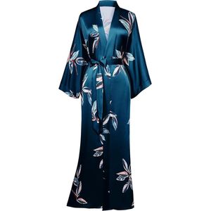 Inovra Plus - Lange dames ochtendjas met bladerpatroon en satijnen stof - Zomer kimono voor dames - Donkergroen - Onesize - Grote maten - Strandjurk