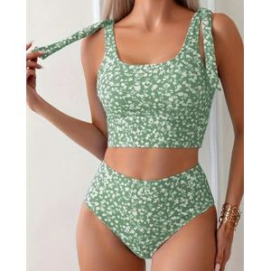 Sexy elegante corrigerende tankini mintgroen met bloemen met extra hoge slip maat S model CH0053