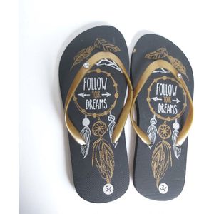 Teenslipper zwart goud met strass steentjes 34