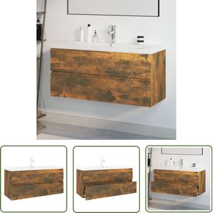 The Living Store Wastafelkast met ingebouwde wasbak bewerkt hout gerookt eiken - Wastafelkast - Badkamerspiegel - Badkamerinrichting - Houten Kast - Gerookte Eik