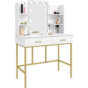 Moderne kaptafel met spiegel en LED-verlichting – Wit en Goud, 45x136x90 cm