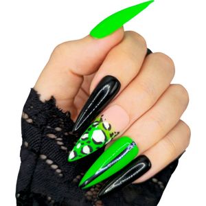 SD Press on Nails - No. 6 Viper - Plaknagels met nagellijm - XL Stiletto - Zwart, Groen, Print - Set 20 Handgemaakte Nagels - Cosplay Assessoires - Extreme Nail Art - Goth - Halloween - Cosplay - Nails at home