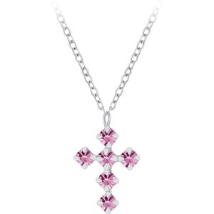 Joy|S - Zilveren ketting met kruisje hanger (7 x 9 mm) - kristal roze