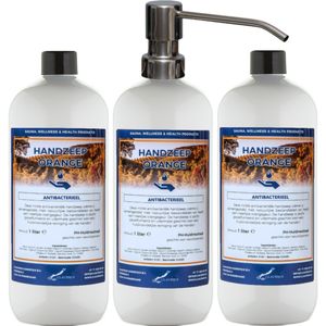 Handzeep Orange 1 liter - set van 3 stuks - met gratis RVS zilverkleurige pomp - Voordeelverpakking