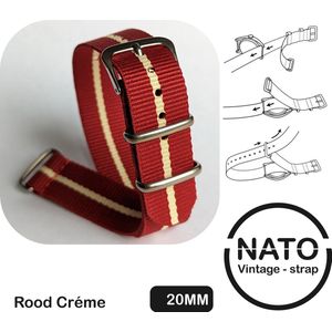 20mm Nato Strap Rood met Créme streep in midden - Vintage James Bond - Nato Strap collectie - Mannen - Horlogebanden - Red - 20 mm bandbreedte voor oa. Seiko Rolex Omega Casio en Citizen