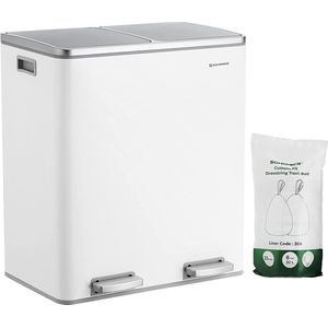 Signature Home Soft close prullenbak - afvalscheidingssysteem 2 x 30 L - vuilnisbak met 2 vakken - afvalscheiding - metalen pedaalemmer - kunststof binnenbak - met klapdeksel en handgrepen - soft close - luchtdicht - wit