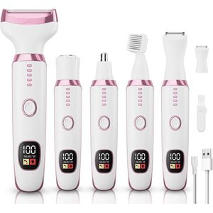 Elektrisch scheerapparaat voor dames 5-in-1, draadloos met verwisselbare gezichts-, wenkbrauw- en neushaartrimmers, nat- en droogtrimmer, verwijdering van schaamhaar, cadeau voor vrouwen 3028A Wit