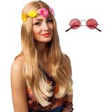 Hippie Flower Power verkleed hoofdband en ronde rode glazen party bril