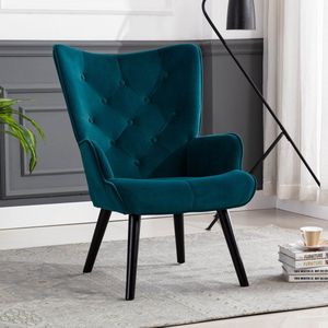 Sweiko Vrije Tijd Stoel Woonkamer Slaapkamer, Moderne Vrije tijd stoel, fauteuil, Fluwelen stof, massief houten frame, Pauw blauw