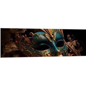 PVC Schuimplaat- Venetiaanse carnavals Masker met Blauwe en Gouden Details tegen Zwarte Achtergrond - 150x50 cm Foto op PVC Schuimplaat