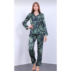 Satijn Dames 2- Delige -Pyjama- Luxe Pyjamaset- Nachtkleding Groen/Zwart Blaadjes Maat M