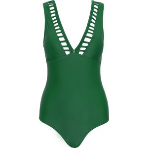 Badpak dames met v-hals en ajourdetail Groen S (Valt klein)
