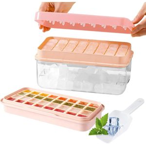 JGS ® IJsblokjeshouder met deksel, siliconen ijsblokjesschaal, grote ijsblokjesvorm, 32 ijsblokjesbakjes, voor whisky, cocktails, koffie, gelei en babyvoeding (met ijskoffer, ijsschep en ijsbakje) (roze)
