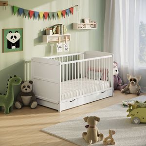 Babybed 60x120 met lade, ledikant, in hoogte verstelbaar en afneembare sporten optioneel met matras | andere maten: 70x140cm | 60x120cm: vanaf de geboorte tot 3 jaar, wit