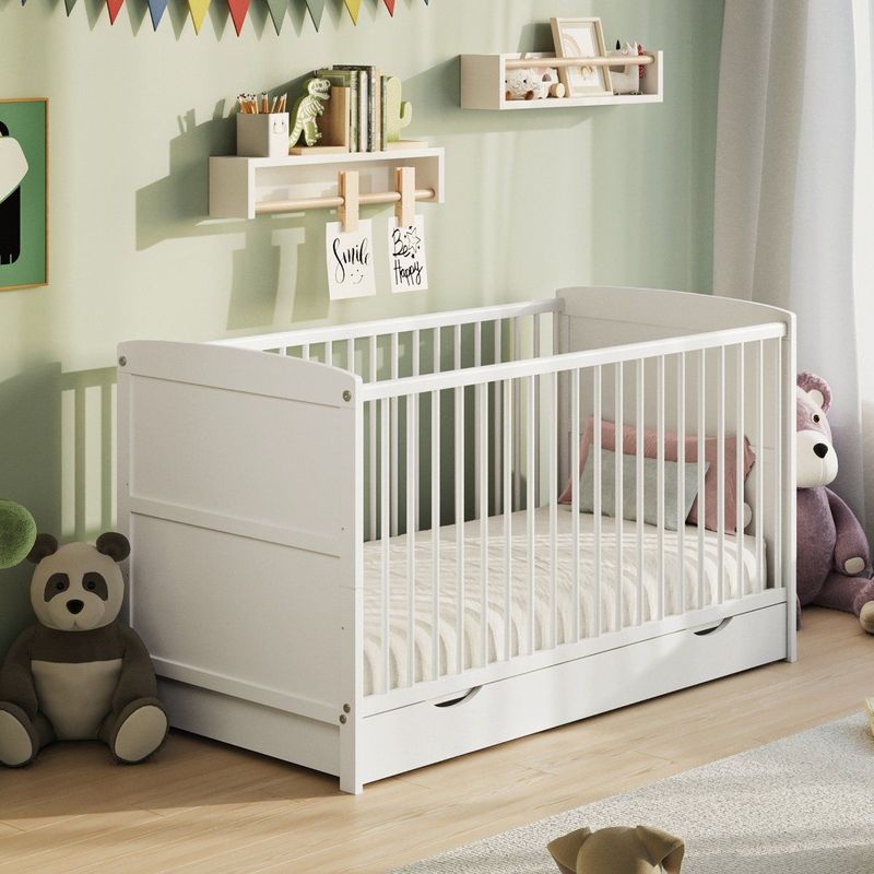 Babybed - 60x120cm - Wit - Massief Grenenhout - Verstelbaar en Met Lade