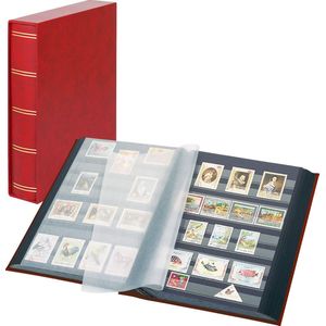 Lindner 1169SK Postzegelalbum incl. Cassette – Rood - groot formaat – 30/60 blz. zwarte bladen - luxe – gewatteerd Postzegels - insteekalbum - insteek - compact – stockboek