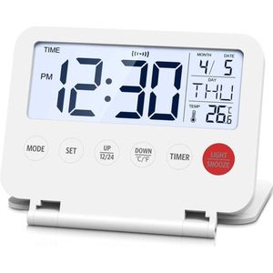 Mini réveil numérique pliable avec écran LCD rétroéclairé, thermomètre, fonction snooze, date et heure, portable et pratique, blanc
