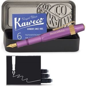 Kaweco - Cadeauset - 4delig - Kaweco AL Sport COLLECTION Fountain Pen Vibrant Violet Vulpen Breed - Nostalgic Octagonal Clip Gold Plated - Zwart Vintage blikje - Doosje Royal Blue - Doosje zwarte Vullingen