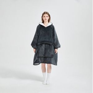 USB verwarmde deken met capuchon, luie deken, winterse pluche dubbellaagse verdikte pyjama voor heren en dames, badjas met capuchon en voorzak,Grijs
