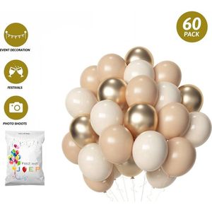 FeestmetJoep® 60 stuks Goud met Beige Helium Ballonnen met Lint – Verjaardag Versiering - Decoratie voor jubileum - Verjaardagversiering - Feestartikelen - Trouwfeest - Geslaagd versiering - Vrijgezellenfeest - Geschikt voor Helium en Lucht