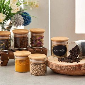 set van 10 luchtdichte doorzichtige glazen kruidenpotjes 70ml, opbergpotjes met bamboe deksels en krijtbord etiketten