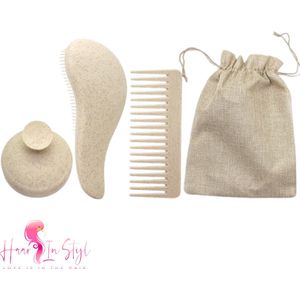 Haar in Stijl® | Beige Detangle Brush Set van 4 | Scalp Massager, Ontklitter Borstel, Wide Comb en een opbergzakje
