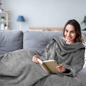 Knuffeldeken met mouwen, tv-deken met mouwen, mouwdeken met zachte gezellige pluche, geschikt voor bank, bed 1,5 x 2 m, grijs